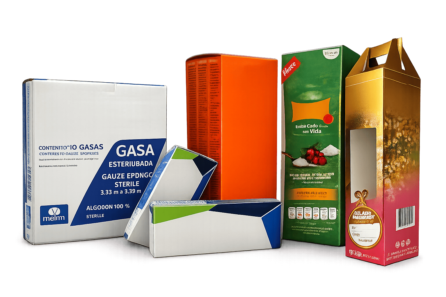 Caja plegadiza de cartulina impresa para empaques de alimentos, bebidas, cosméticos y productos farmacéuticos.