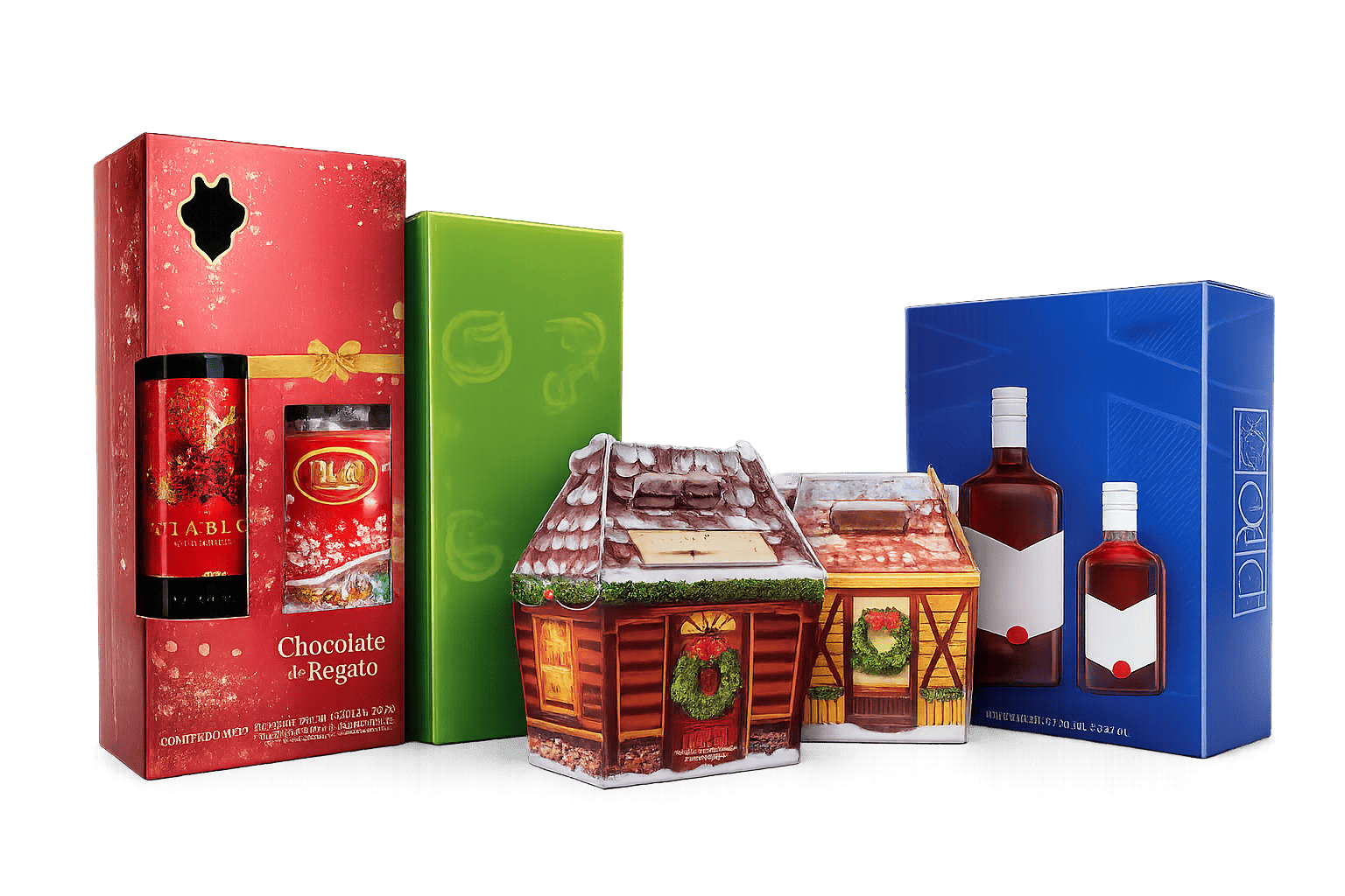 Caja empalmada de cartón impreso para presentar y proteger productos comerciales.